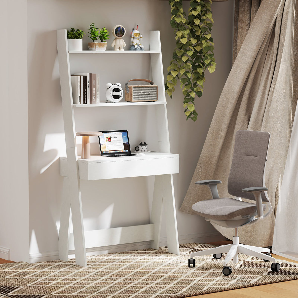 Ladder Shelf Desk with Countertop Drawer and Anti-Toppling Device-Oak ...