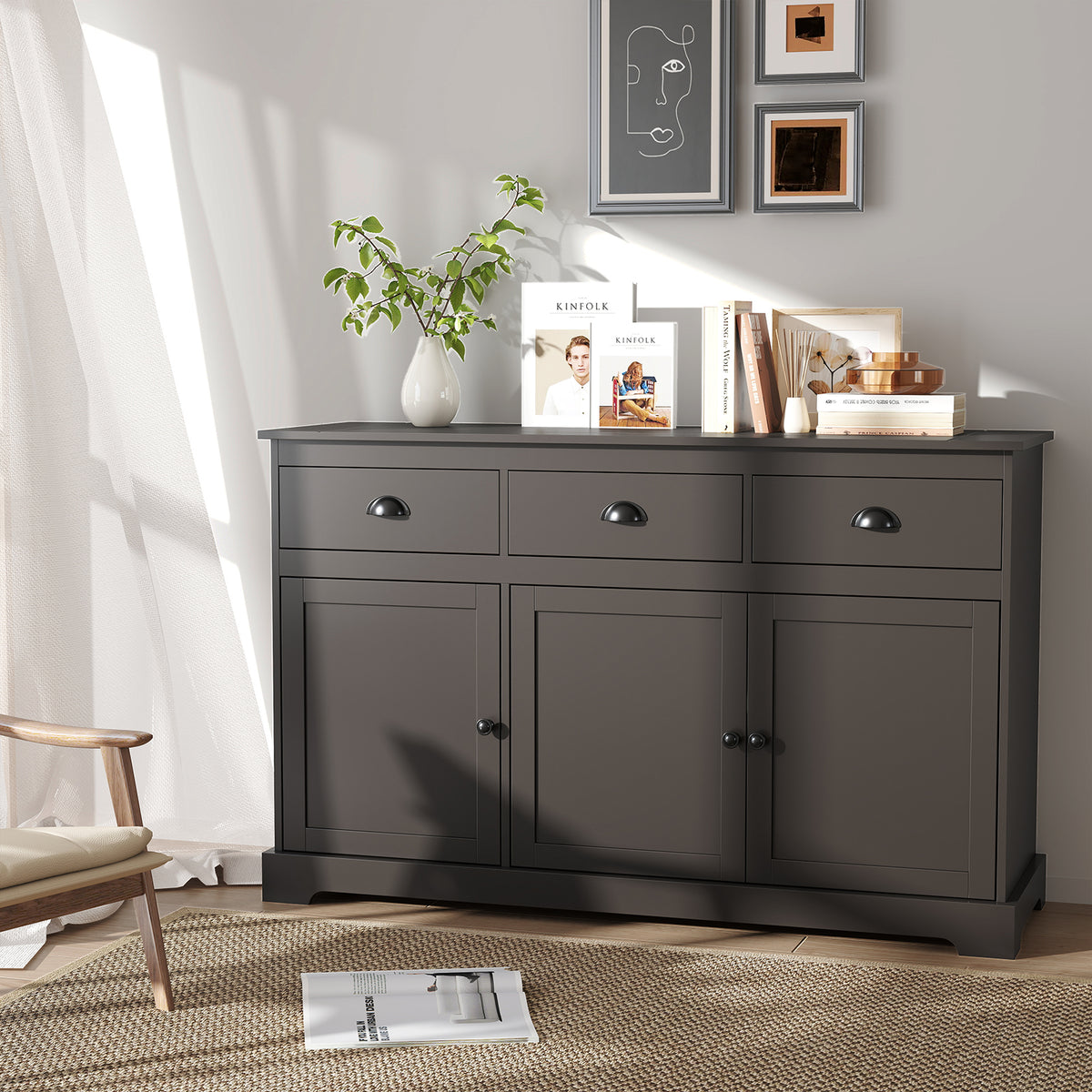 Buffet Computer Desk 3 Drawers Sideboard Buffet Storage with Adjustable Shelves-Brown ...