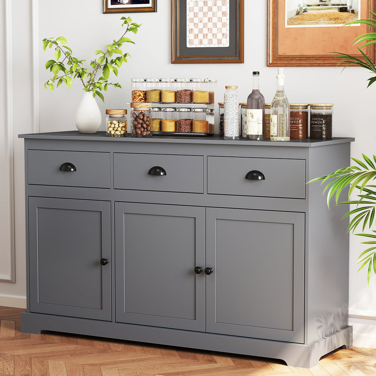 Buffet Computer Desk 3 Drawers Sideboard Buffet Storage with Adjustable Shelves-Gray – Level ...