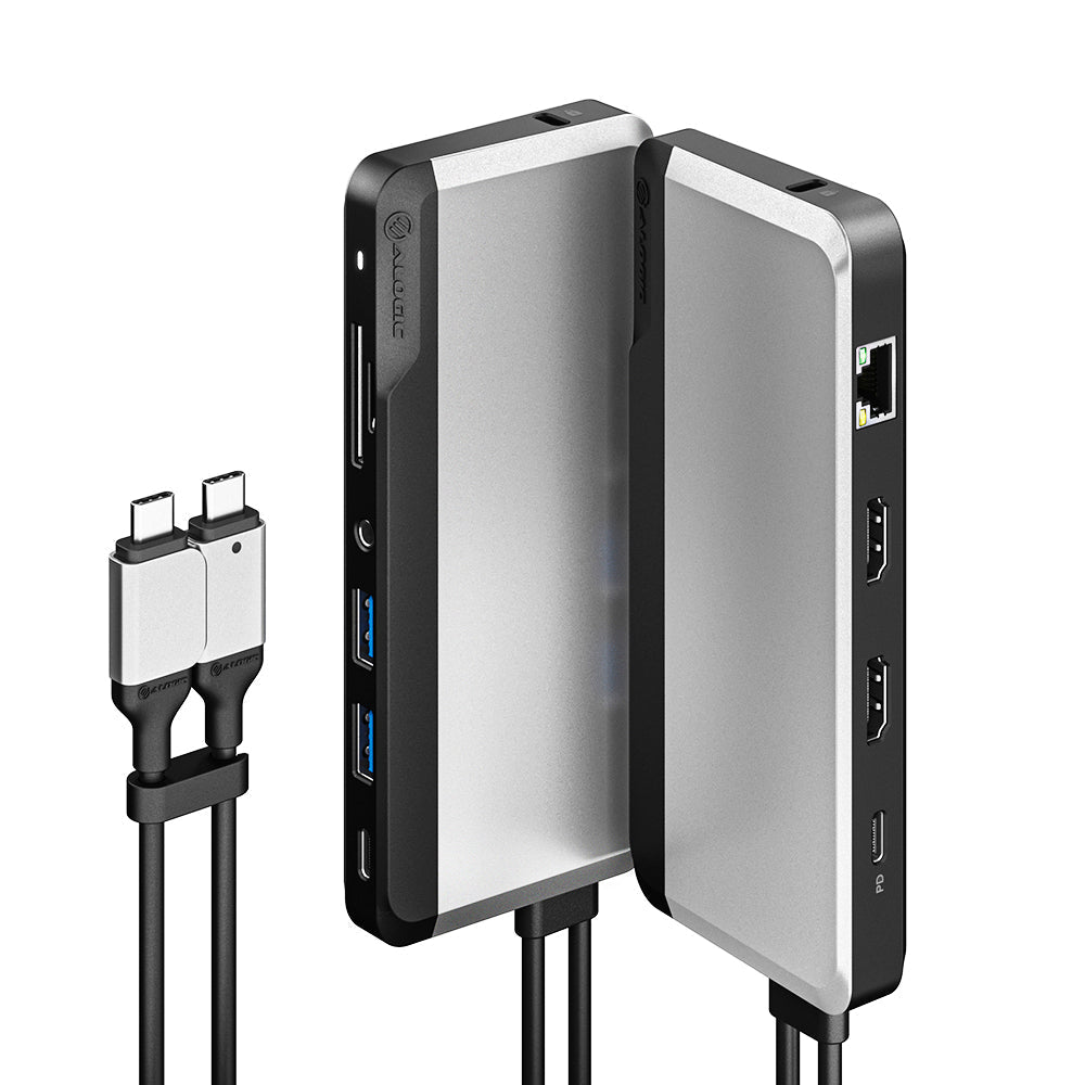 ALOGIC U2CSH-SGR Super Dock in space grey showing twin USB-C connectors and port sides