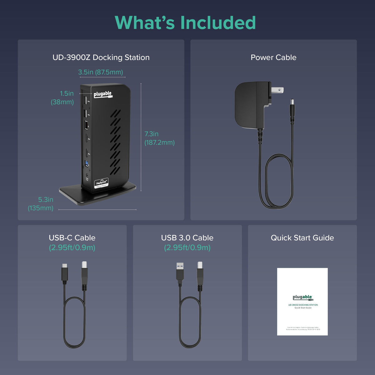 Plugable UD-3900Z dock, power supply, host cables and quick start guide