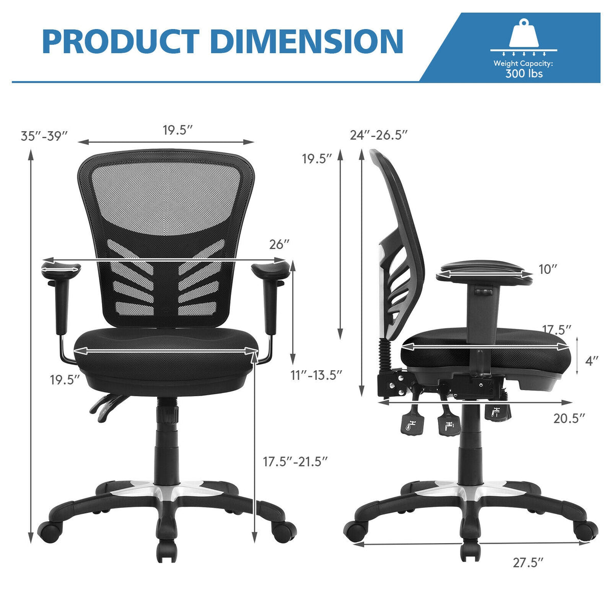 Costway office chair dimensions illustration