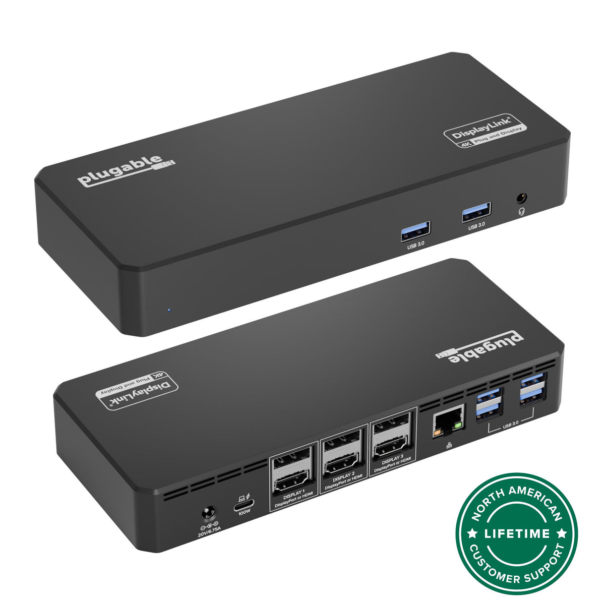 Plugable UD-6950PDZ triple display dock, front and rear views