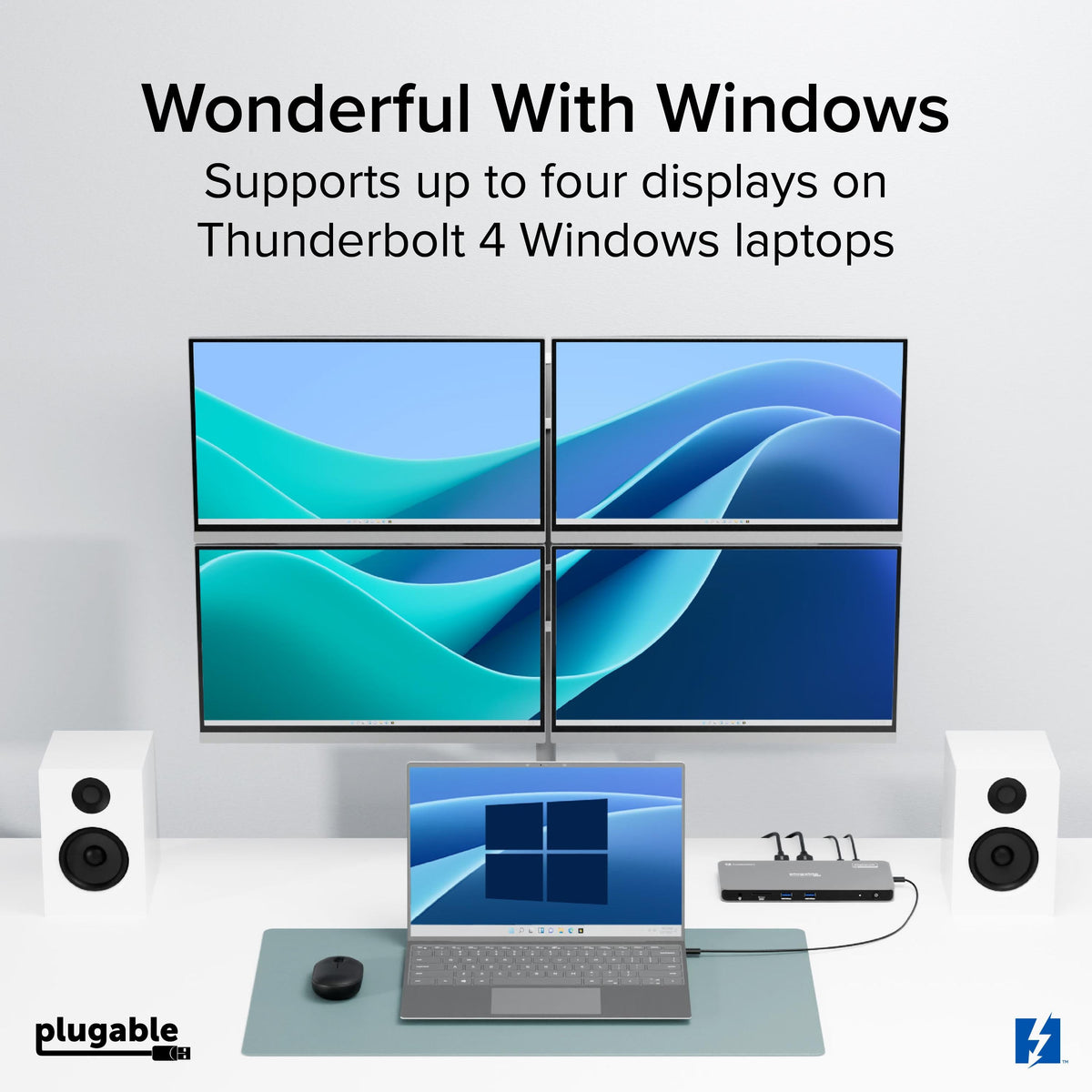 Plugable TBT-6950PD dock in a four-display Windows workstation
