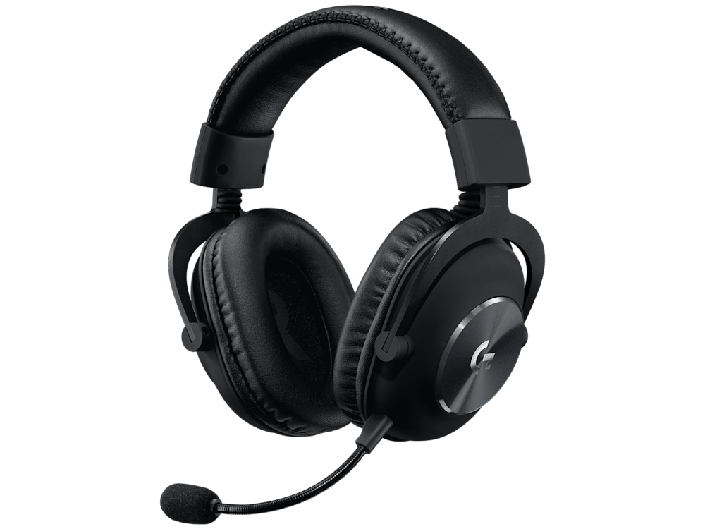 Logitech PRO X black wired gaming headset in three-quarter view with microphone
