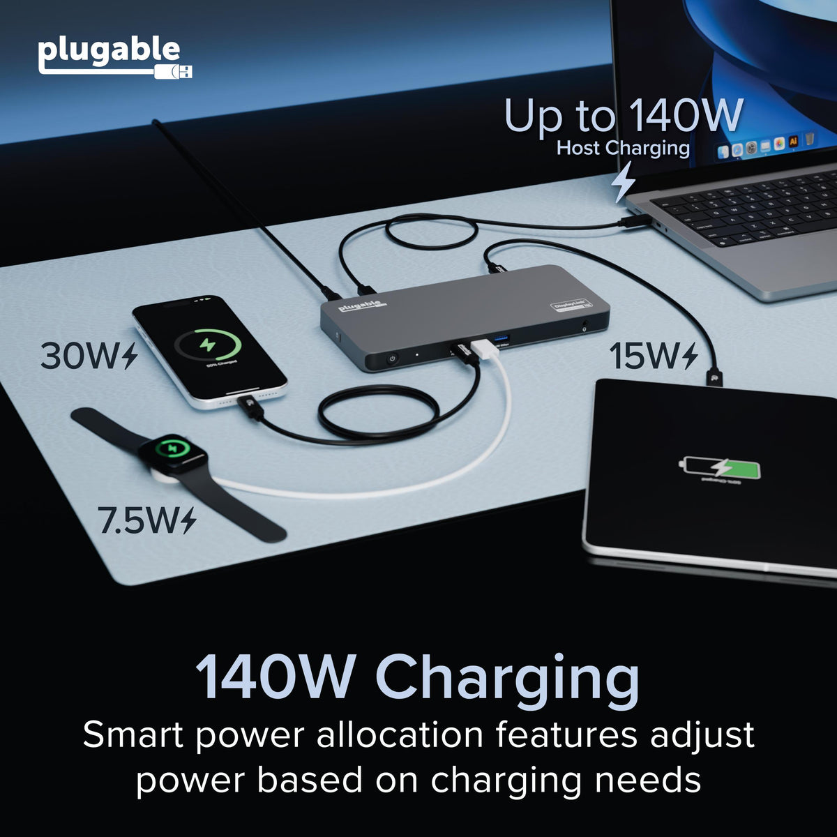 Plugable UD-7400PD charging a laptop and accessories