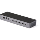 StarTech TB3CDK2DH dock showing rear USB, Ethernet, HDMI and DisplayPort connections