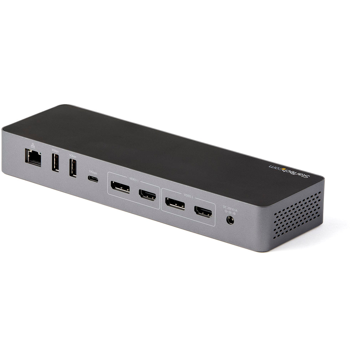 StarTech TB3CDK2DH dock showing rear USB, Ethernet, HDMI and DisplayPort connections