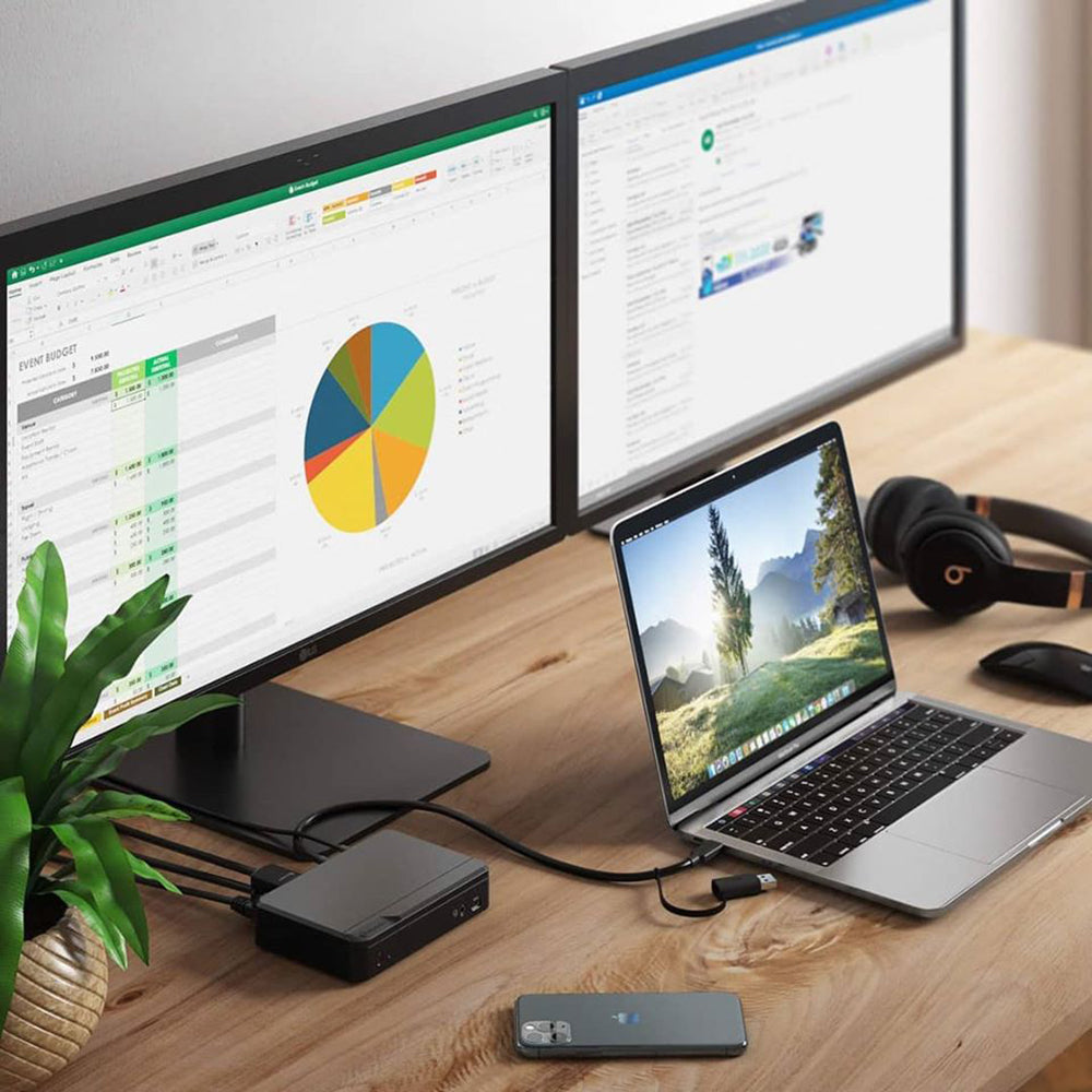 ALOGIC DUTHD dock in dual-monitor desk setup
