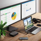 ALOGIC DUTHD dock in dual-monitor desk setup