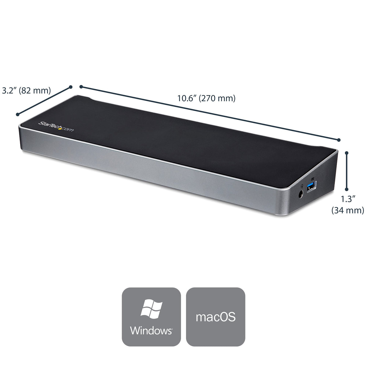StarTech DK30CH2DPPD docking station angled top view with dimensions