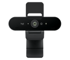 Logitech Brio 4K Graphite webcam front view with privacy shade raised
