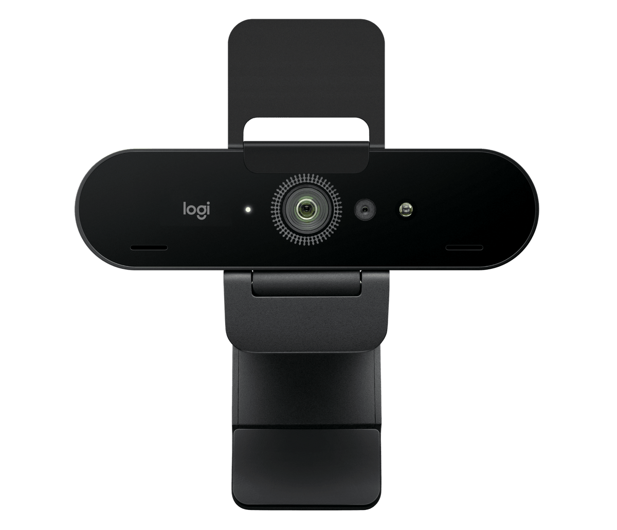 Logitech Brio 4K Graphite webcam front view with privacy shade raised