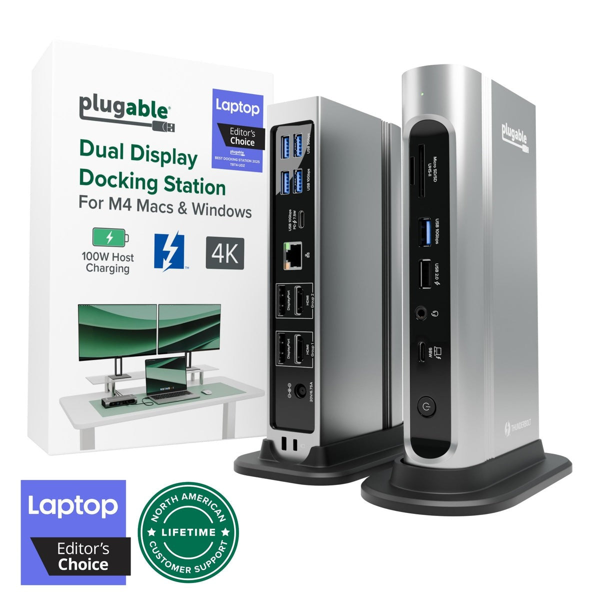 Plugable TBT4-UDZ Thunderbolt 4 dock front and rear views