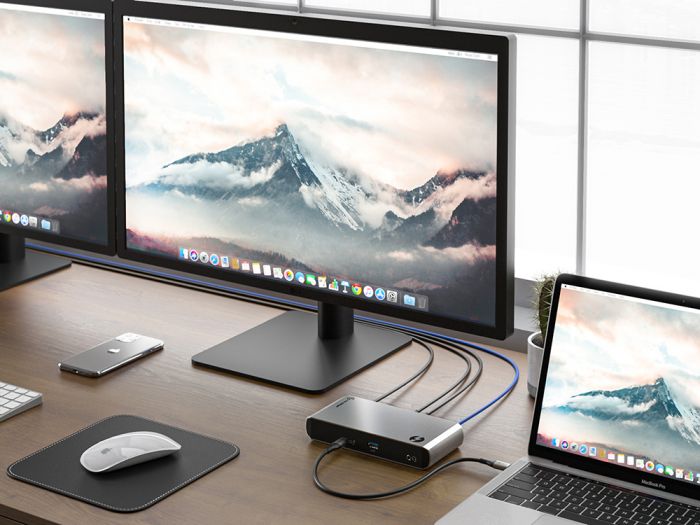 ALOGIC Turbo dock in a laptop and dual-monitor setup