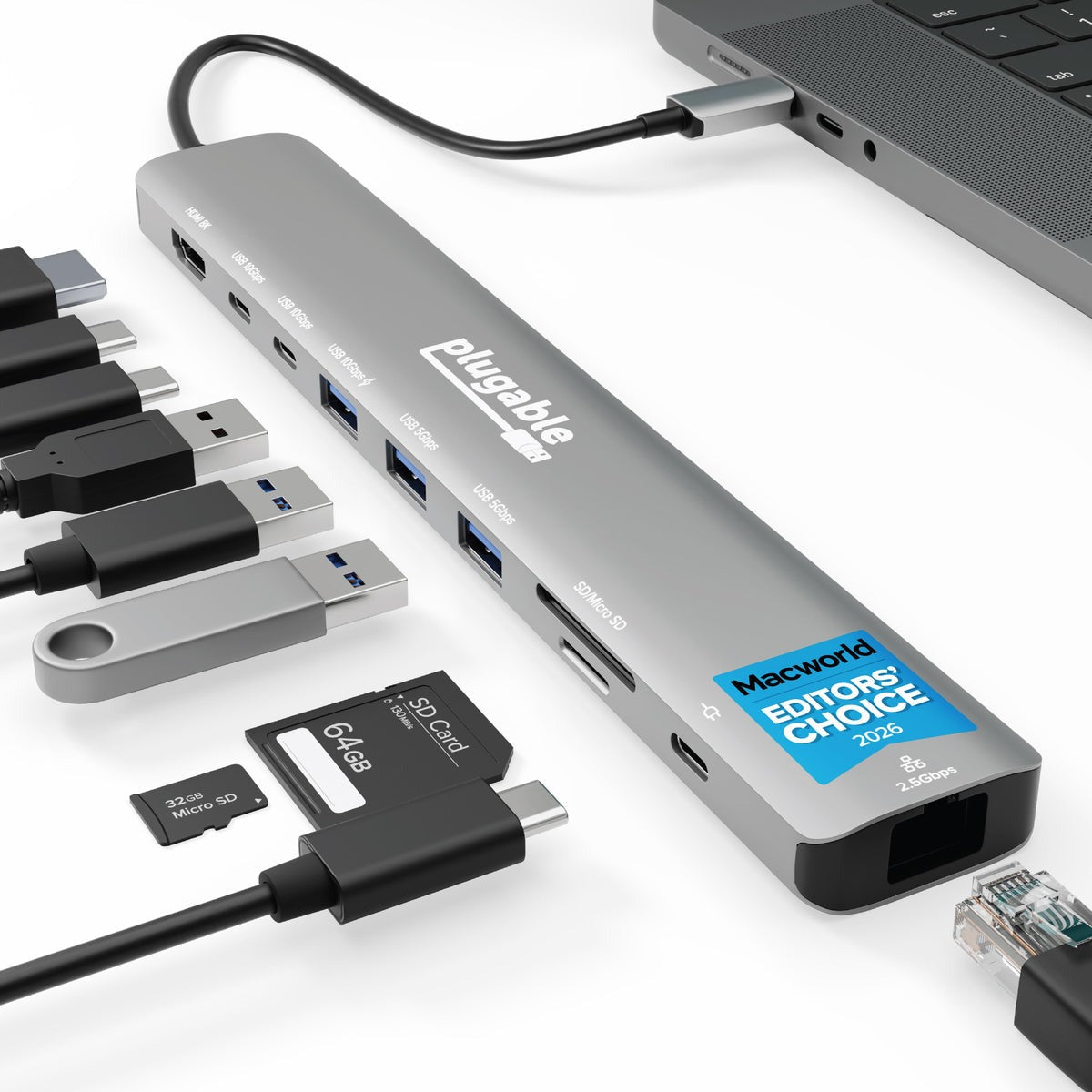 Plugable USBC-10IN1E hub with HDMI, USB and Ethernet ports