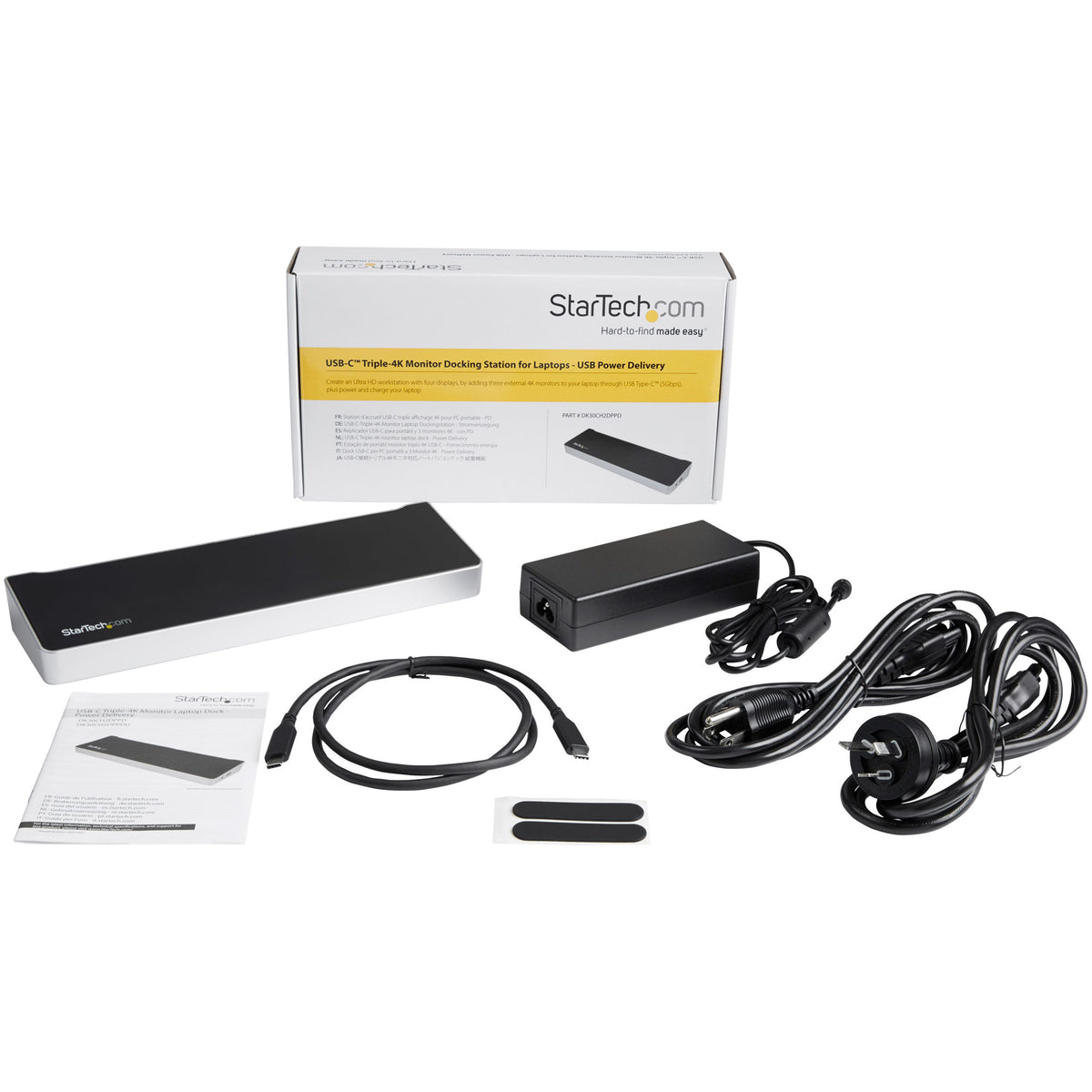 StarTech DK30CH2DPPD retail package, dock and included components