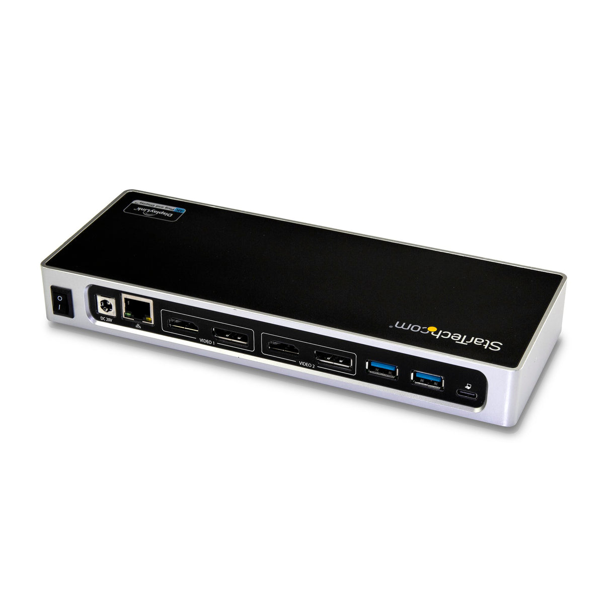 StarTech DK30A2DH dock angled rear view showing display, network, USB and host ports