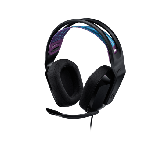 Logitech G335 black wired gaming headset, front angled view