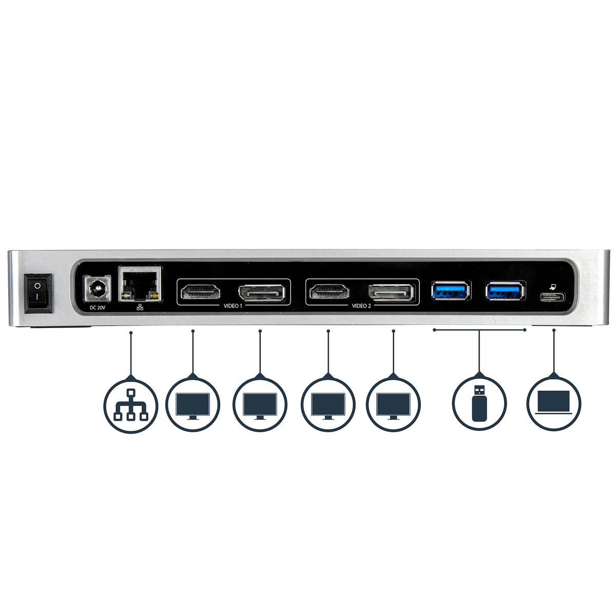 Rear ports of StarTech DK30A2DH dock with HDMI, DisplayPort, Ethernet, USB and host connection