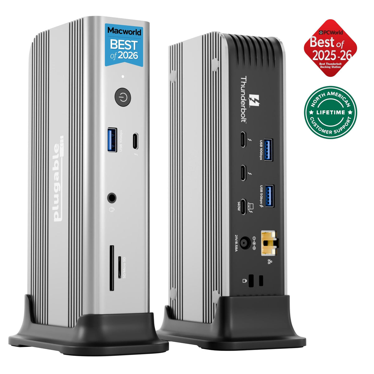 Plugable TBT-UDT3 Thunderbolt 5 dock, front and rear views