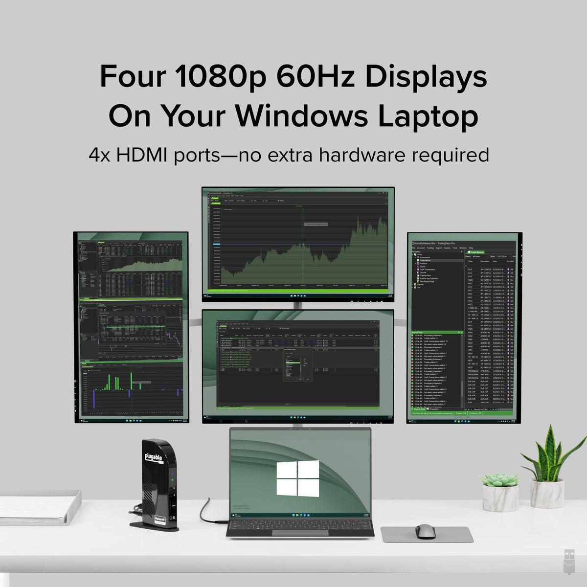 Plugable UD-3900C4 four-display Windows workspace