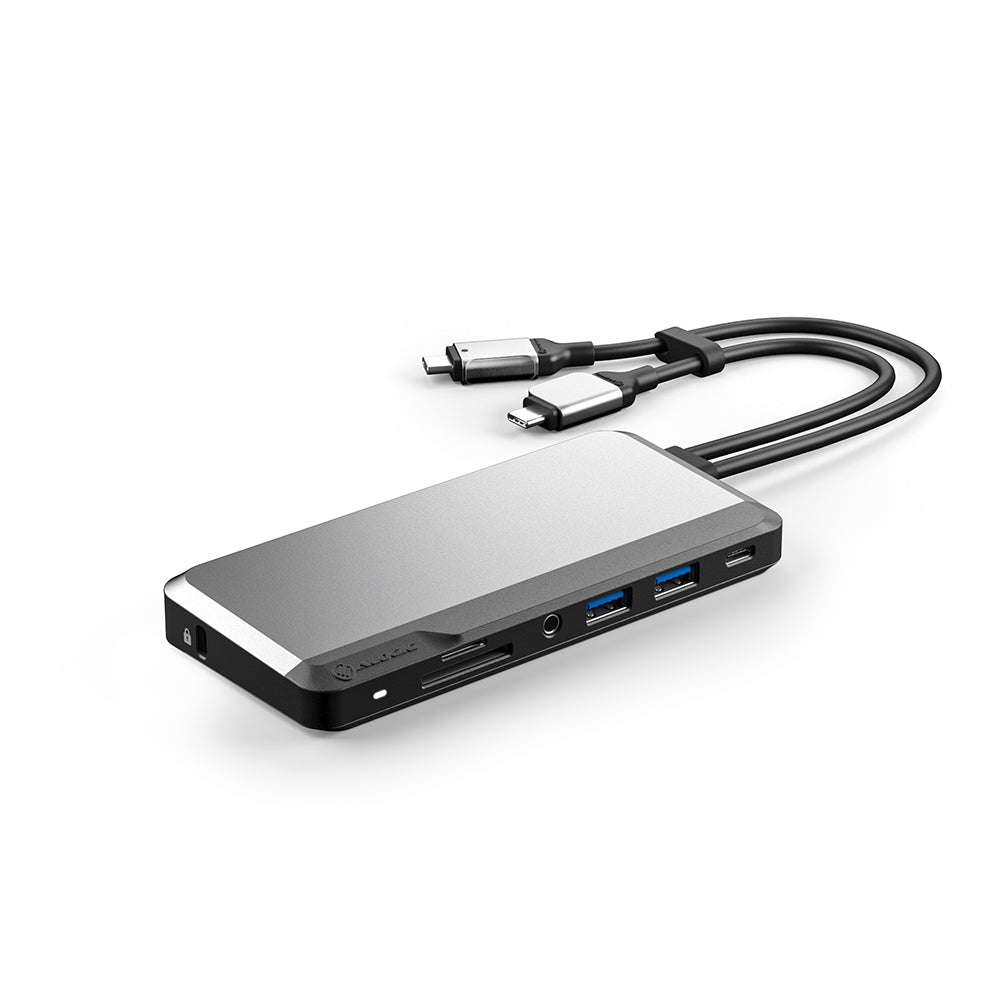 Front port view of ALOGIC U2CSH-SGR dock with USB-A, USB-C, card slots and audio jack