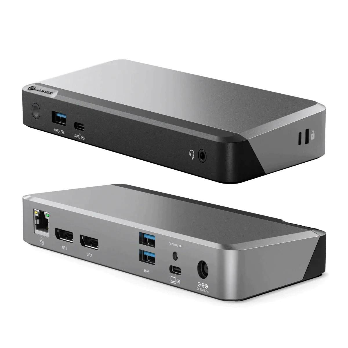ALOGIC MX2 65W dock in Space Grey, front and rear views