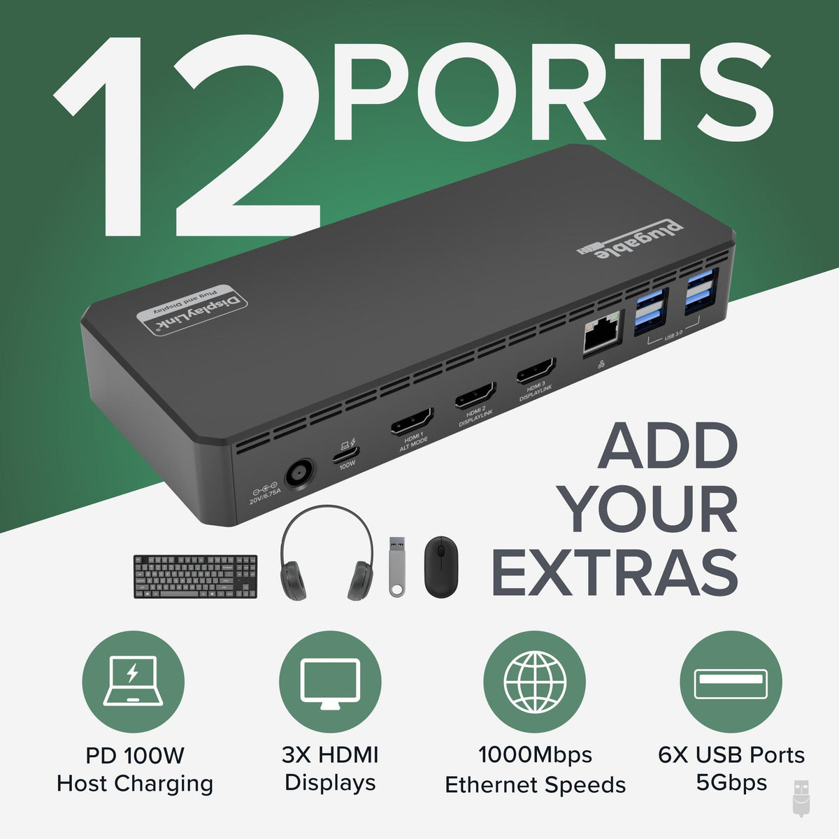 Plugable UD-3900PDZ 12-port dock feature diagram