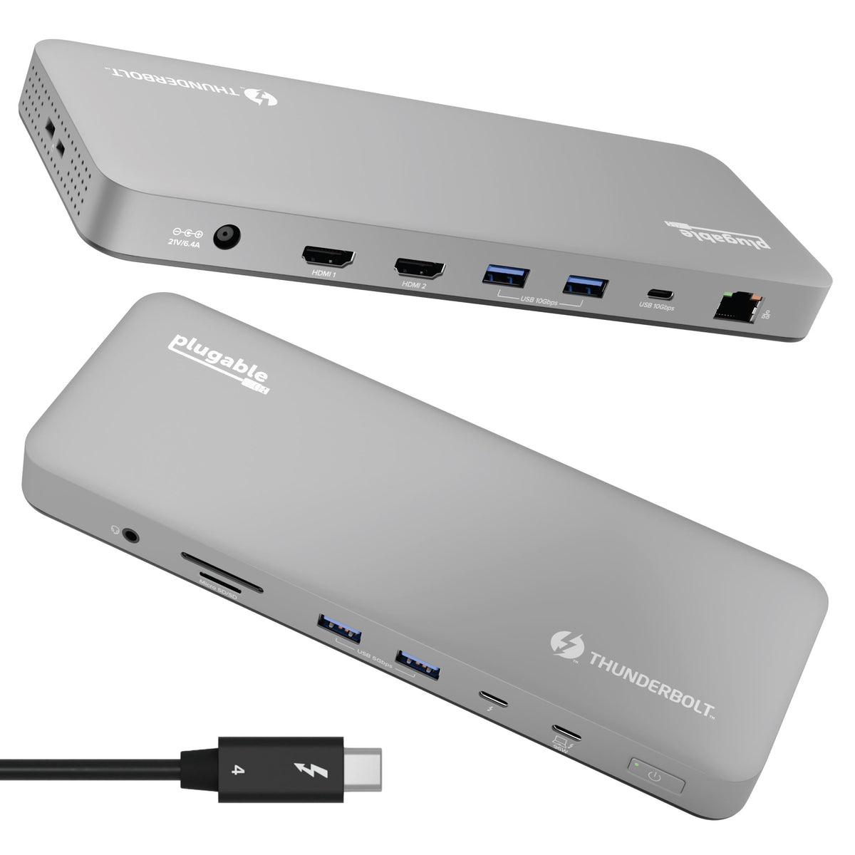 Plugable TBT-UDM Thunderbolt 4 dock, front and rear views