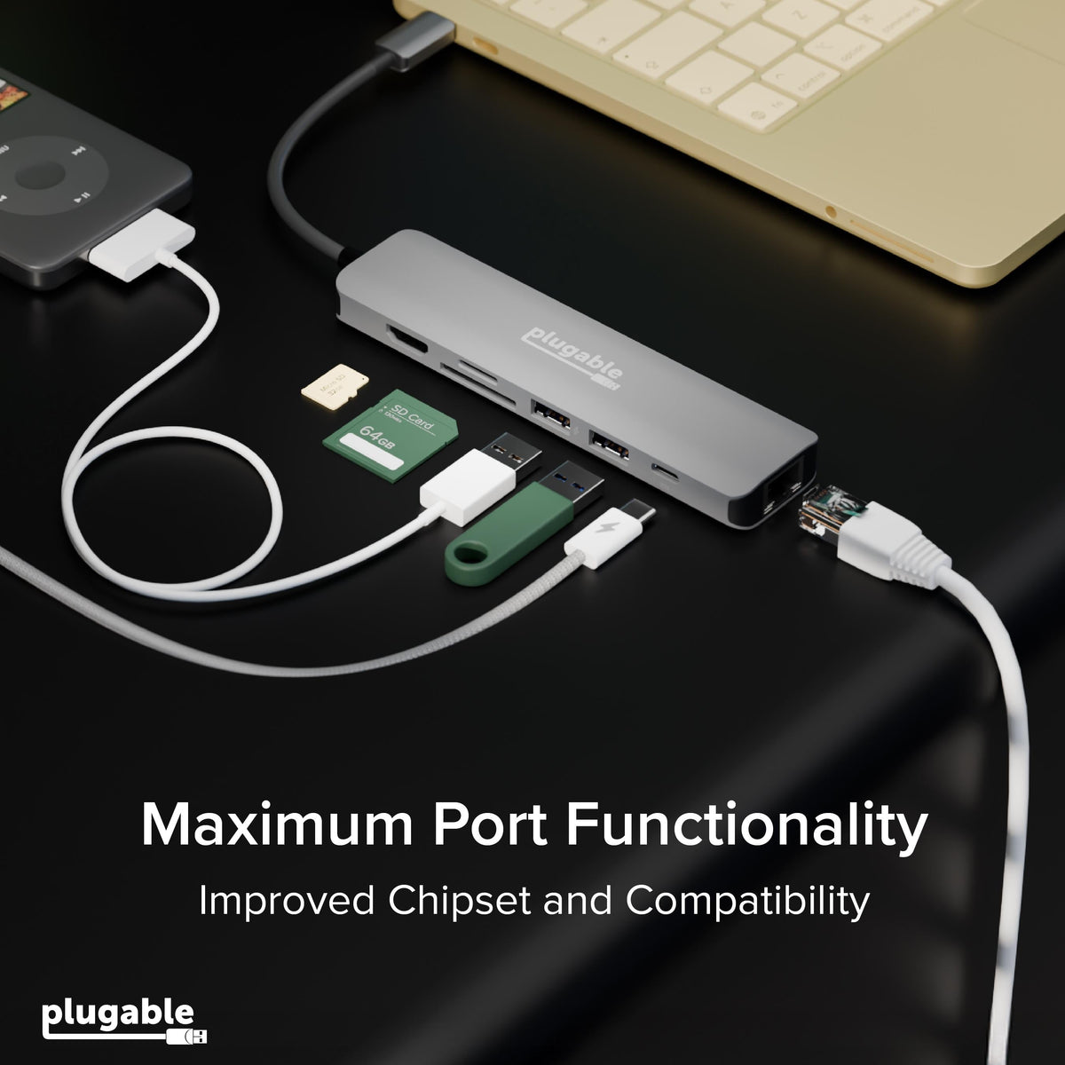 Plugable USBC-7IN1E hub connected to desk peripherals
