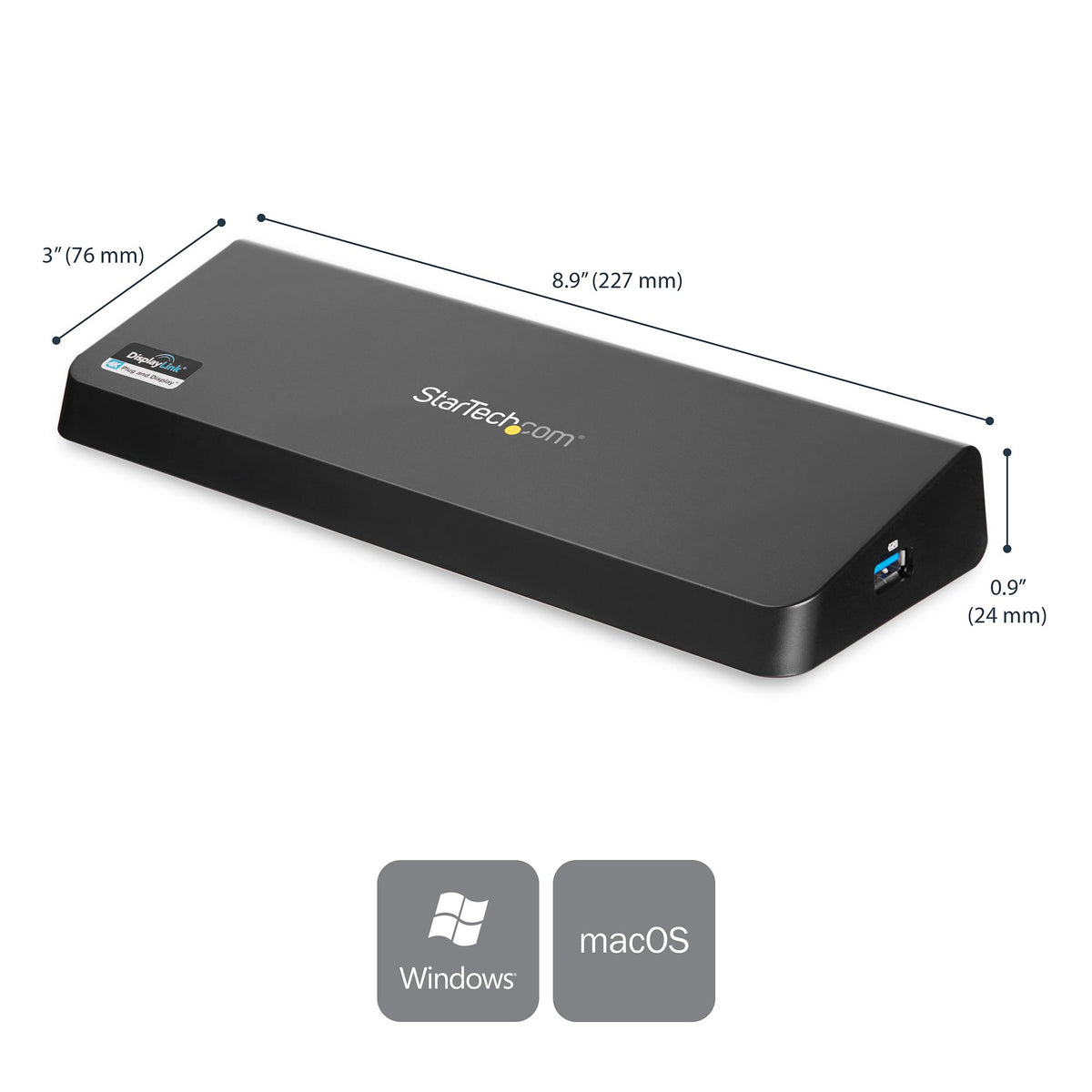 StarTech USB3DOCKHDPC dock angled top view with 8.9 by 3 by 0.9 inch dimensions