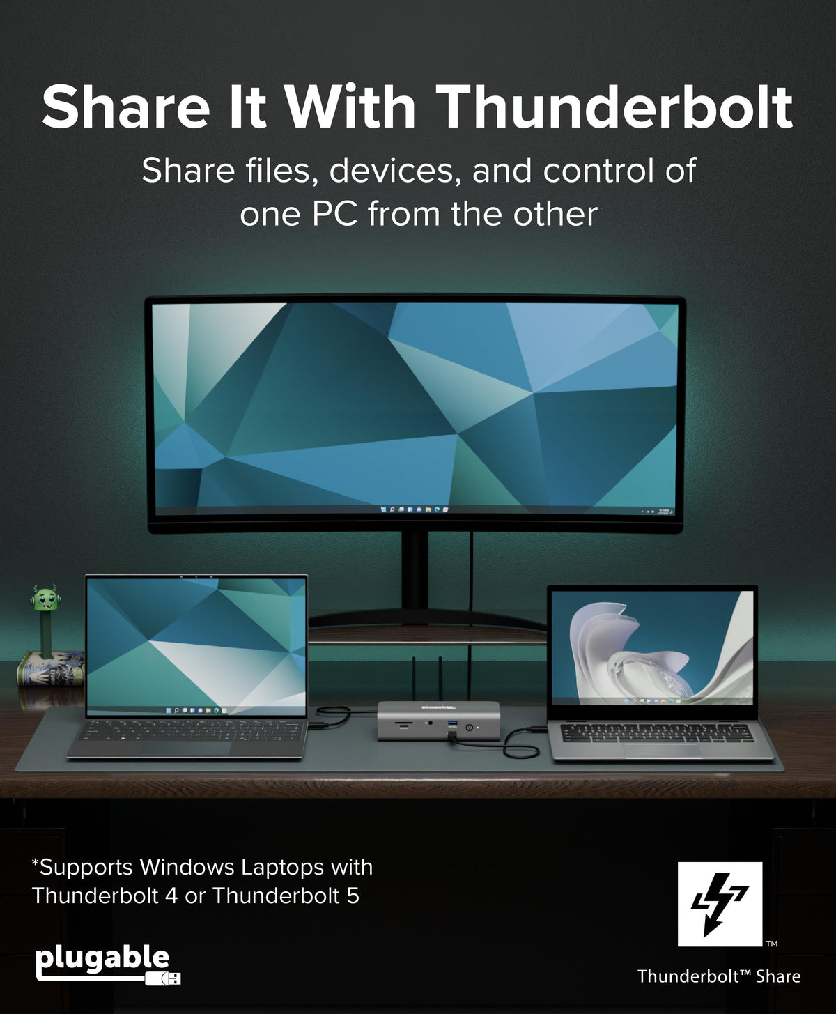 Plugable TBT-UDT3 dock connecting two computers through Thunderbolt Share