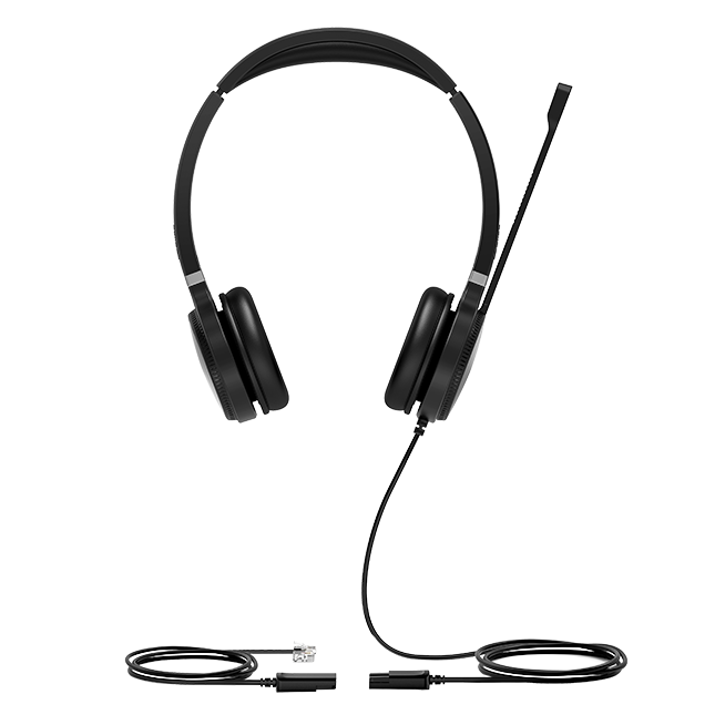Yealink YHS36 Dual wired headset with QD-to-RJ9 cable, front view
