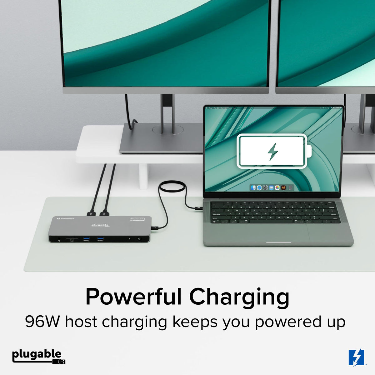 Plugable TBT-6950PD dock charging a connected laptop