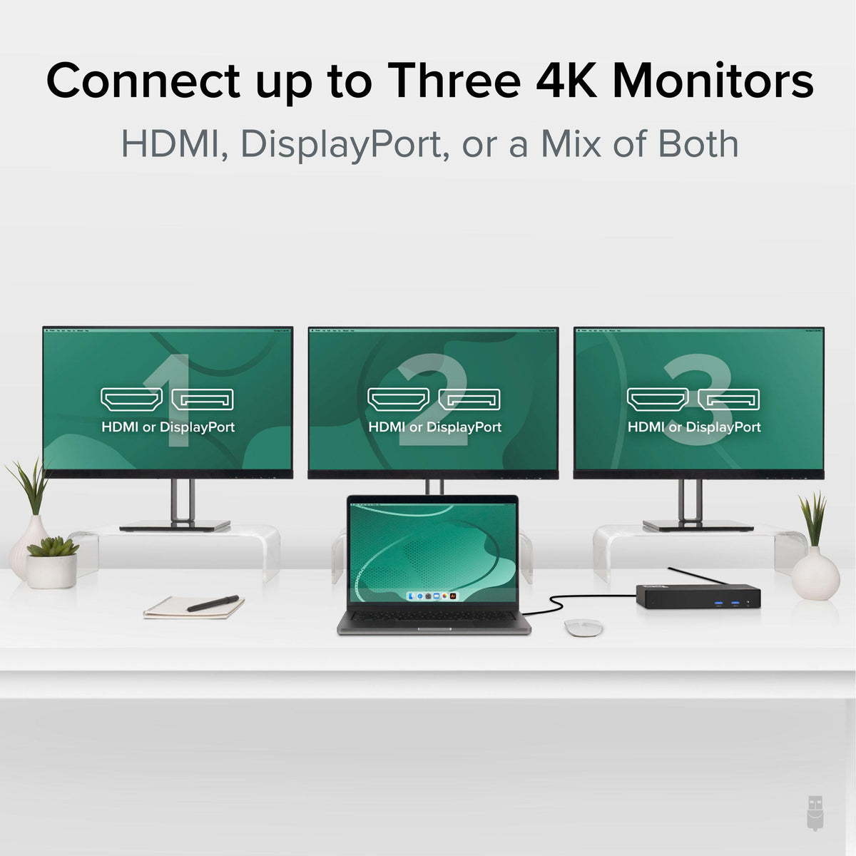 Plugable UD-6950PDZ connecting a three-monitor desk