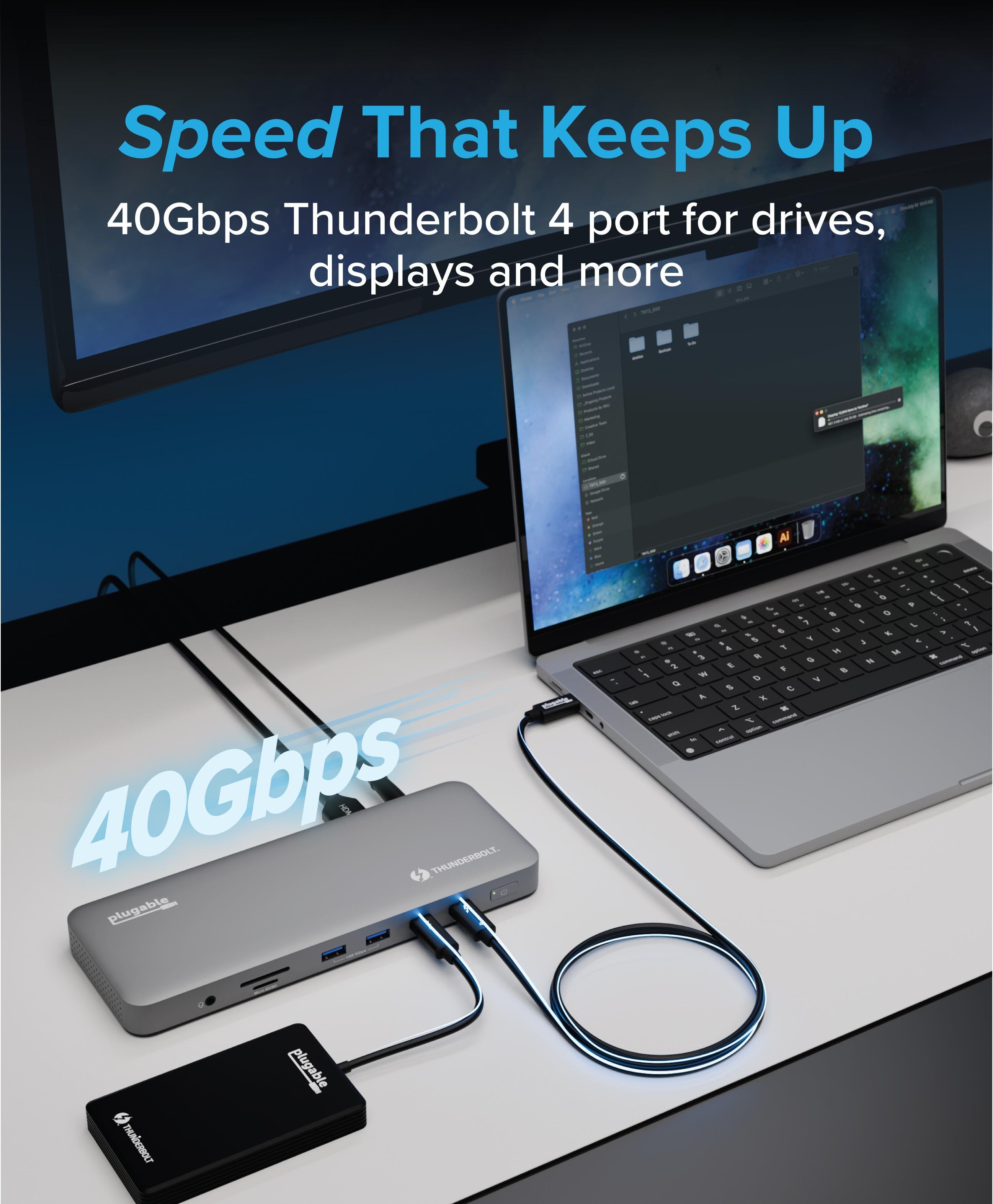 Plugable TBT-UDM dock connecting a laptop and high-speed storage