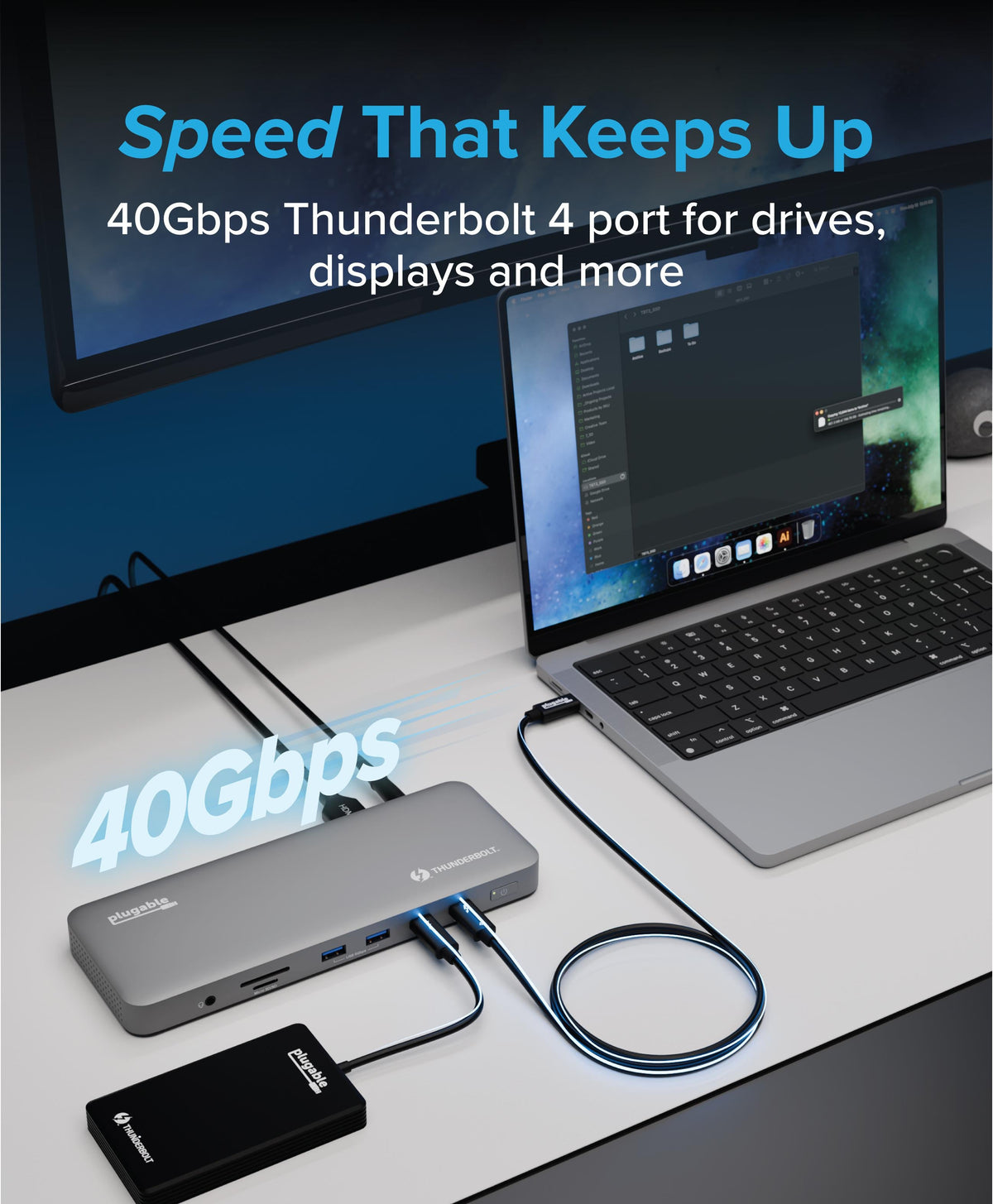 Plugable TBT-UDM dock connecting a laptop and high-speed storage