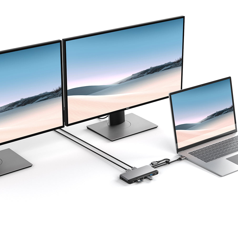 ALOGIC 10-in-1 USB-C Super Dock connected to a laptop and two external monitors