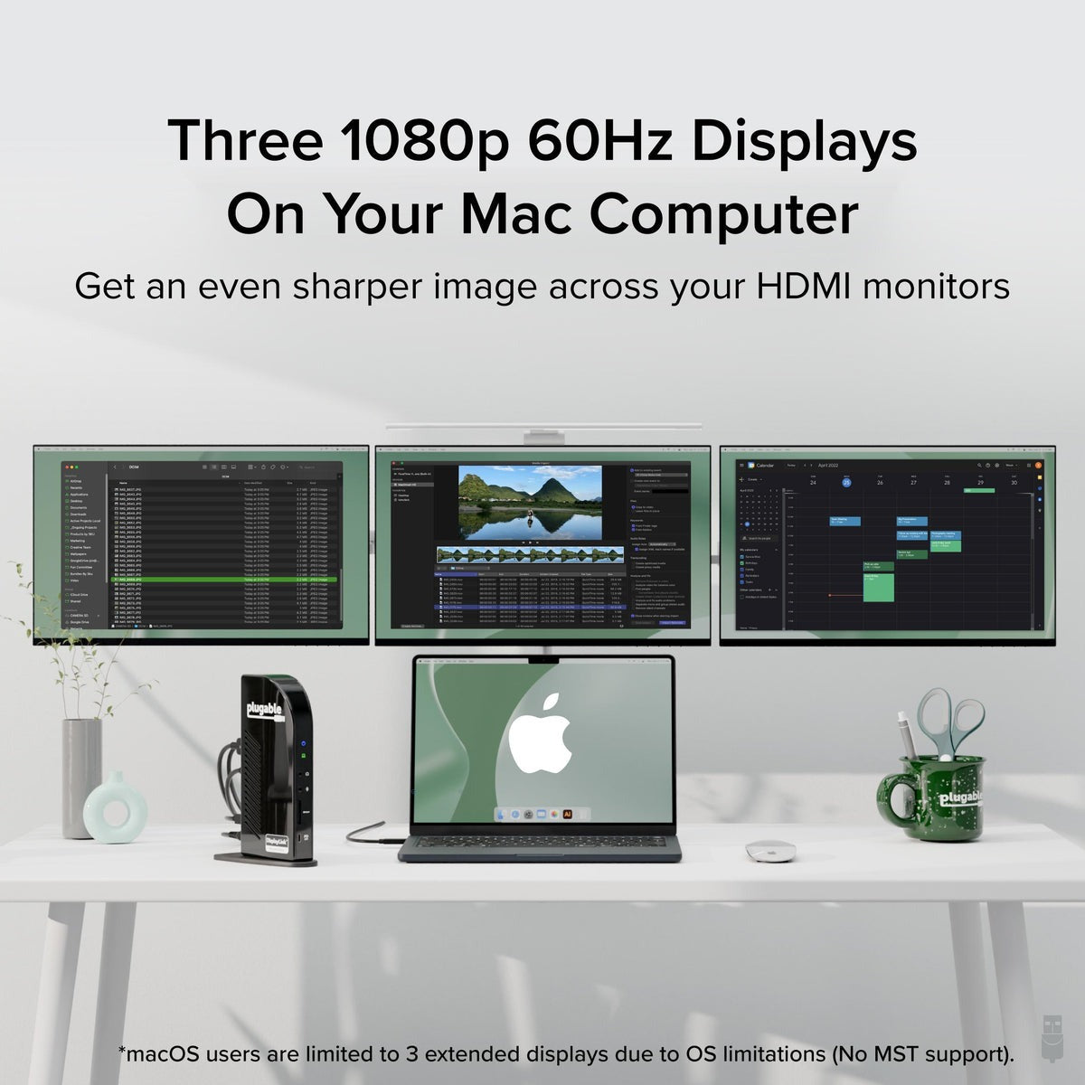 Plugable UD-3900C4 three-display Mac workspace