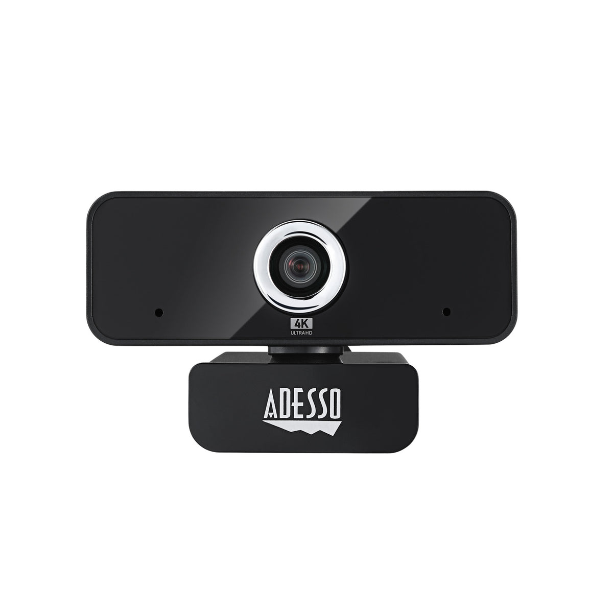 Adesso CyberTrack 6S black 4K USB webcam, front view on clip