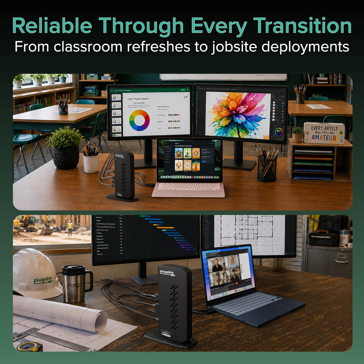 Plugable UD-6950Z dock in two-monitor workspaces