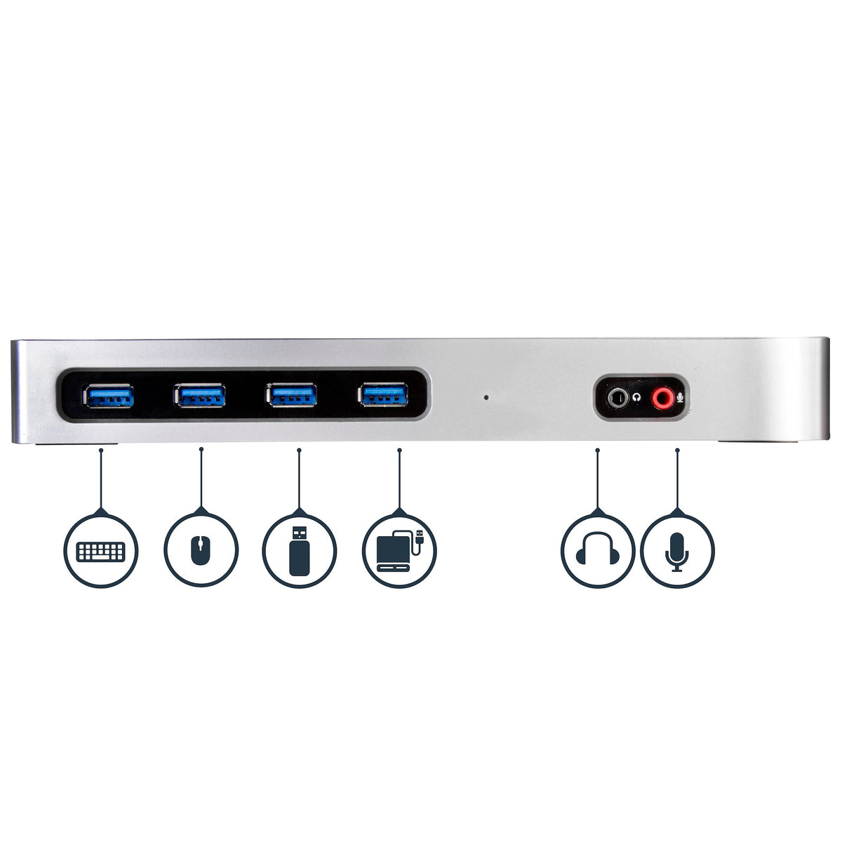 Front ports of StarTech DK30A2DH dock with four USB-A and separate headset and microphone jacks