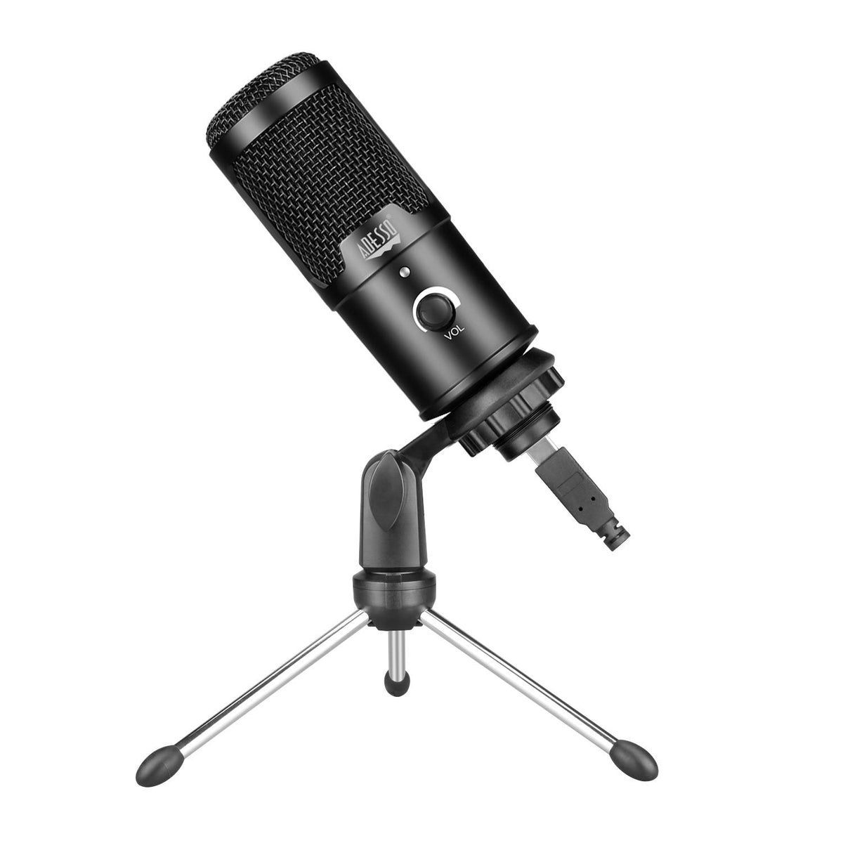 Adesso Xtream M4 black USB condenser microphone on tripod, angled front view