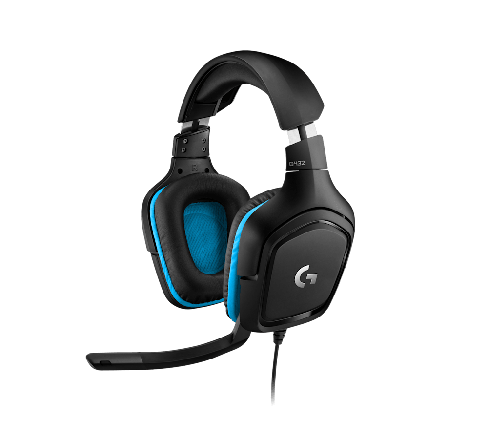 Logitech G432 wired gaming headset angled left with boom microphone