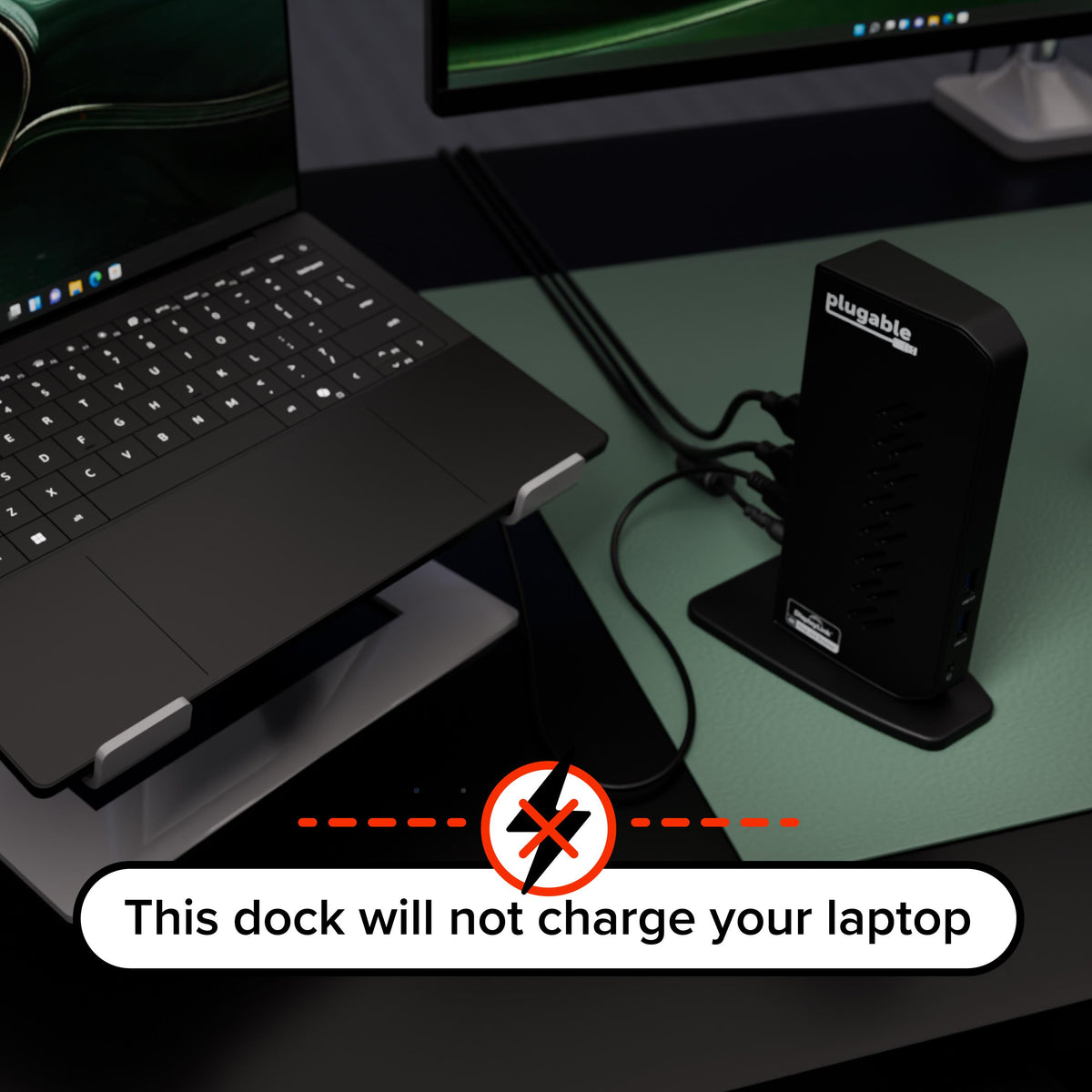 Plugable UD-6950Z dock beside laptop with no laptop charging warning