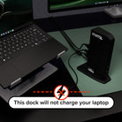 Plugable UD-6950Z dock beside laptop with no laptop charging warning