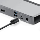 Close view of the MX2 dock USB-C host connection and front ports