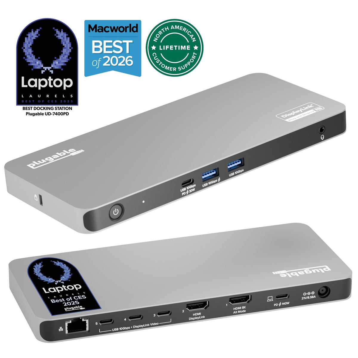 Plugable UD-7400PD dock front and rear product views