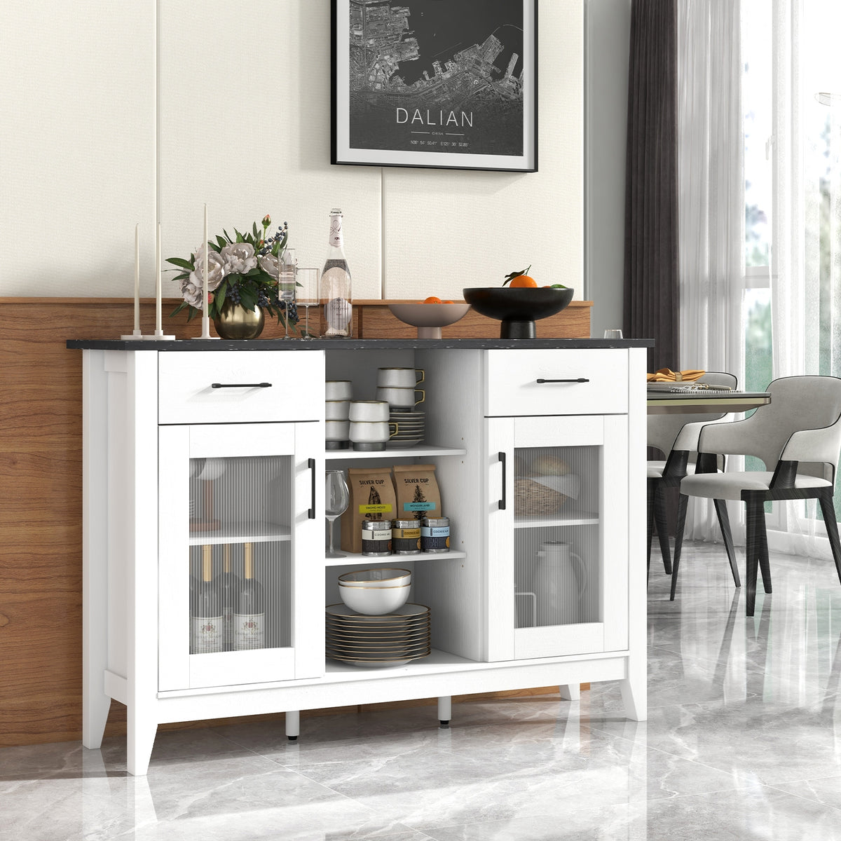 Buffet Computer Desk Sideboard Buffet Cabinet with 2 Drawers and 4 Adjustable Shelves-White ...